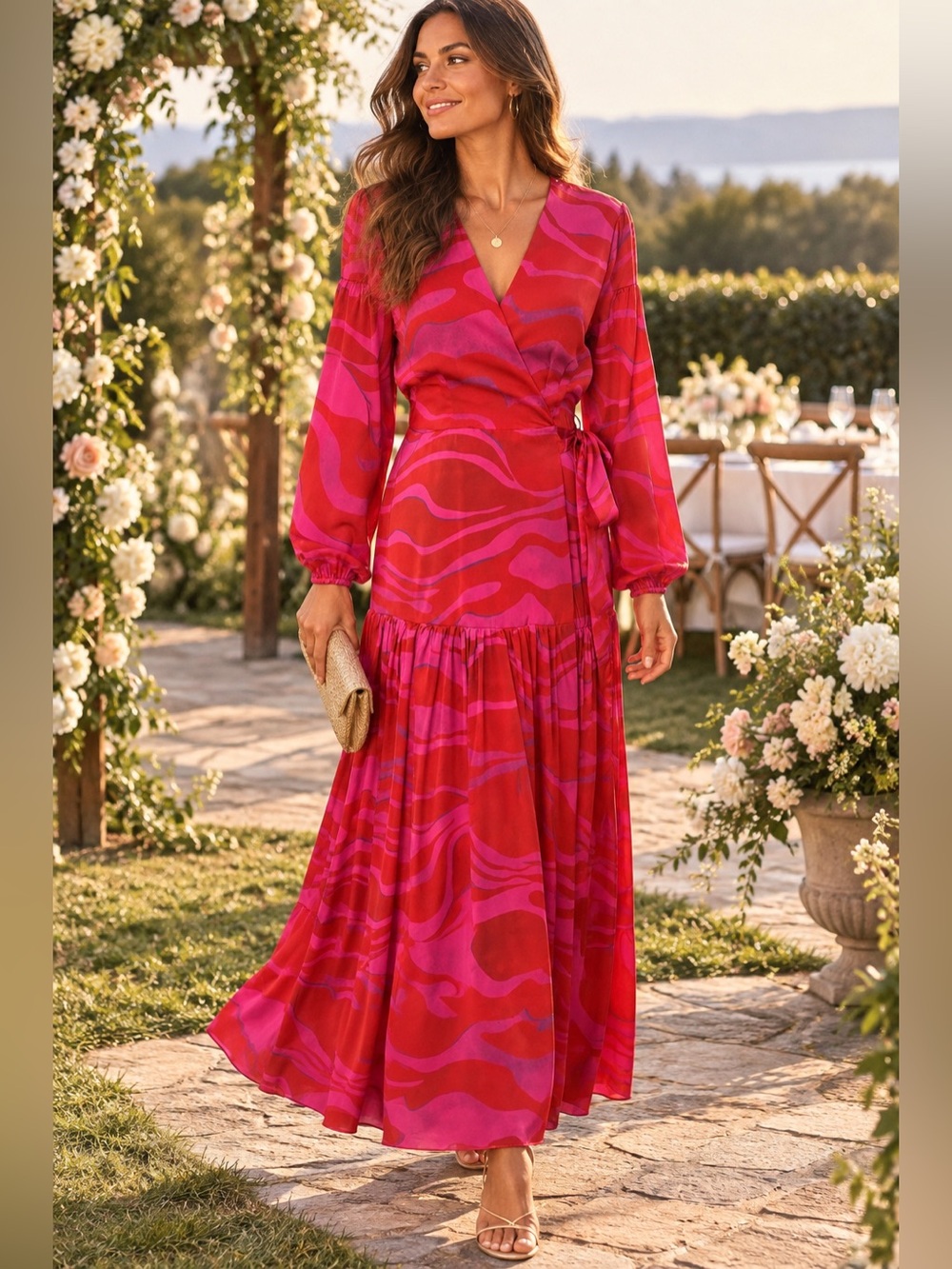 Hutch M Maxi Wrap Dress Pink Red Abstract Print Long Sleeve Wedding Guest Luxury